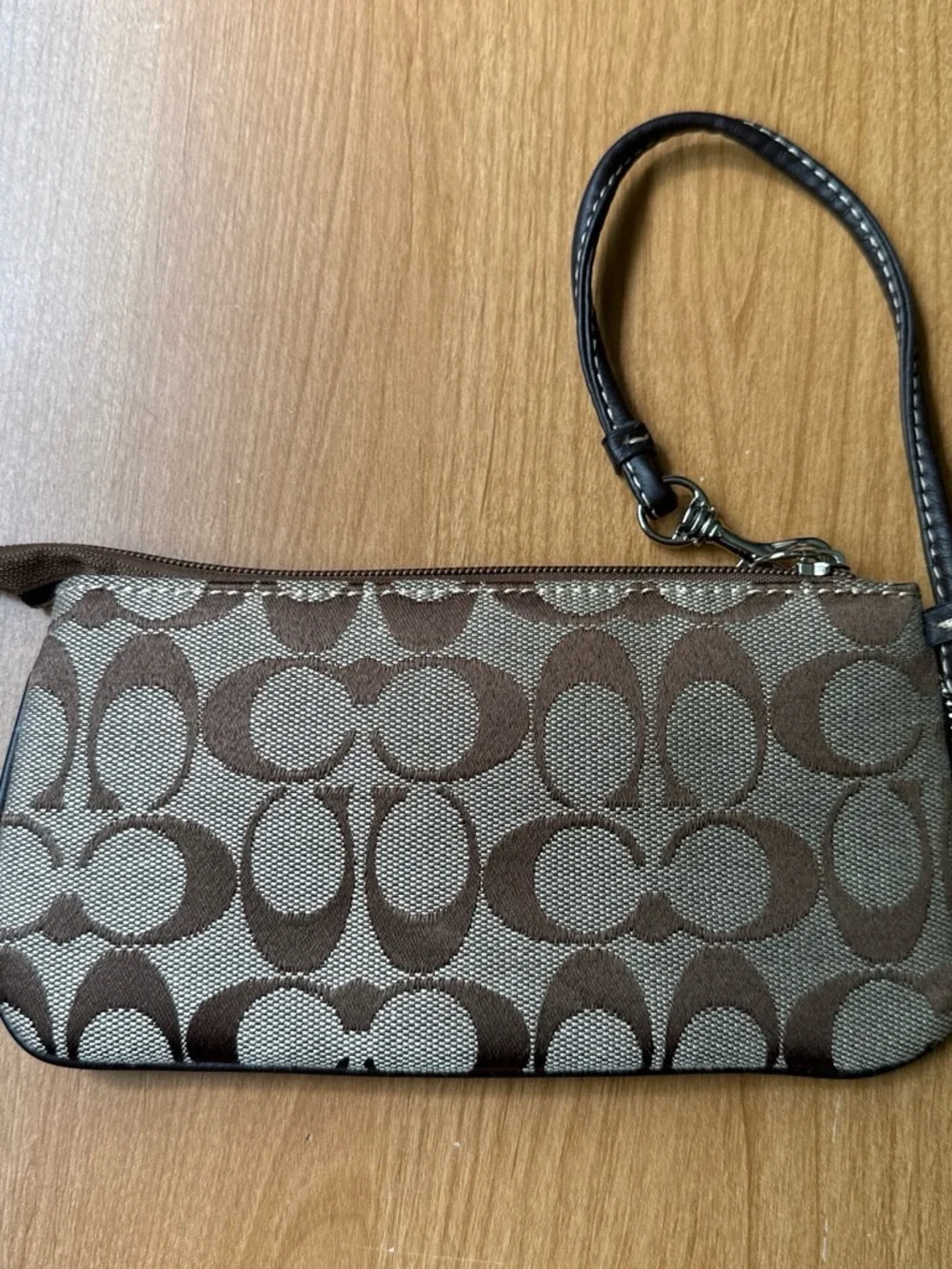 Coach Brown Signature Canvas Wristlet with Tan Accents